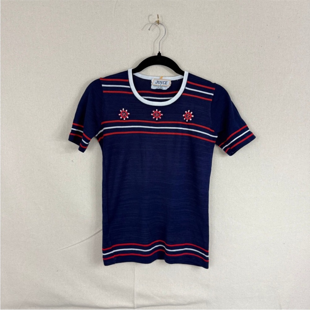 Vintage Nautical 1970s Navy Short Sleeve Tee with Red & White Stripe Accents